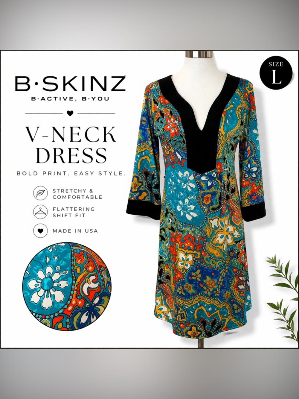 B.Skinz Colorful Paisley V-Neck Dress Large L Retro Boho Stretch Shift‎ Dress